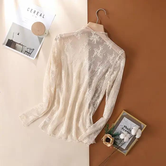 T-Shirts en maille pour femmes, chemisier en dentelle transparente, manches longues, hauts transparents pour femmes, chemise à bascule, T-Shirts transparents, haut court