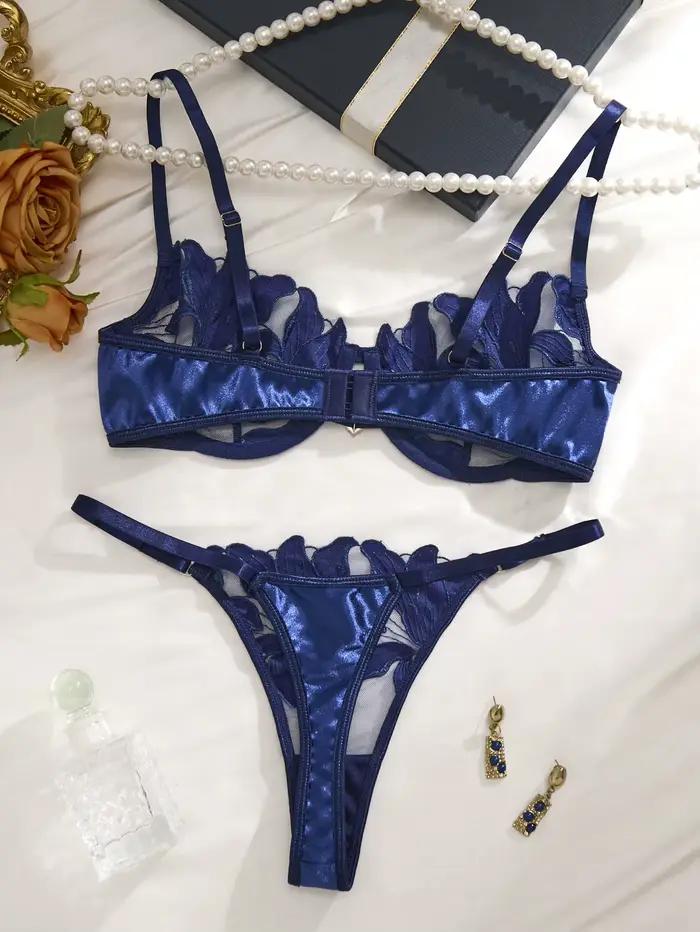 Ensemble de lingerie en dentelle brodée florale de style français bleu, soutien-gorge sexy et doux avec bonnets en acier, pour la Saint-Valentin ZA8240