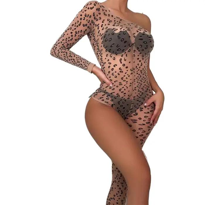 Résille Sexy porno sous-vêtements femmes body Lingerie léopard jambe unique body dentelle transparente érotique Lingerie Costumes