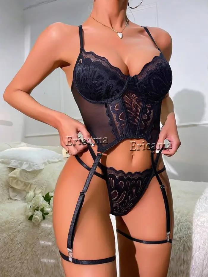 Ensemble de lingerie en dentelle 7.0 avec nœud décoratif, soutien-gorge évidé à bretelles, string, porte-jarretelles, sous-vêtements sexy pour femmes