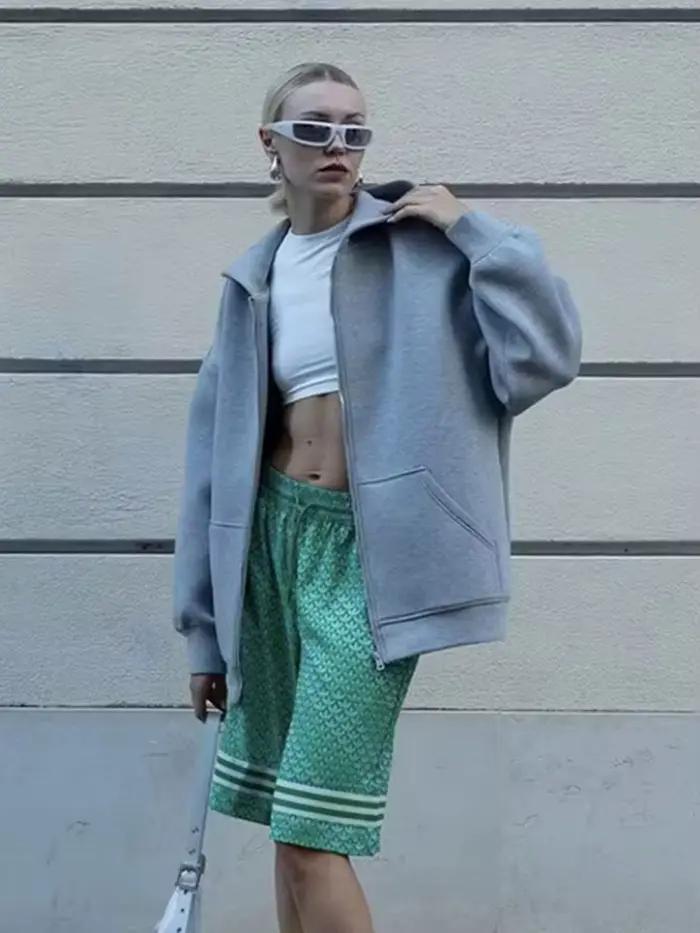 HH jesenná dámska voľná mikina s kapucňou oversized na zips pevný kabát do kancelárie