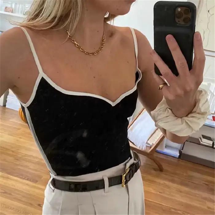Čierne letné sexy topy pre ženy 2024 ramienkový voľný výstrih do V camis pletený bez rukávov top