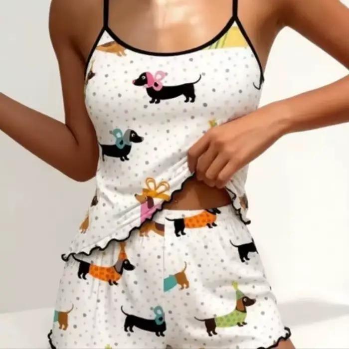 Ensemble pyjama à bretelles fines et short pour femme, imprimé Teckel, avec ourlet à volants