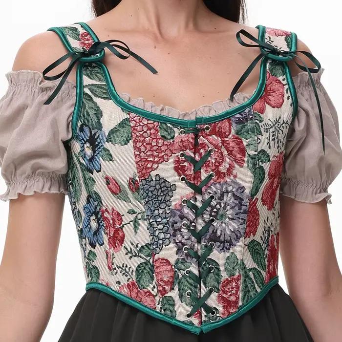 Vert motif Floral taille formation surbuste gothique médiéval Corset à lacets désossé Sexy gilet haut femmes Vintage Steampunk vêtements