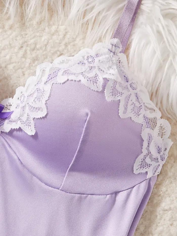 Robe de nuit pour femme en dentelle violette claire avec nœud, style babydoll, ensemble de lingerie, tenues pour femmes