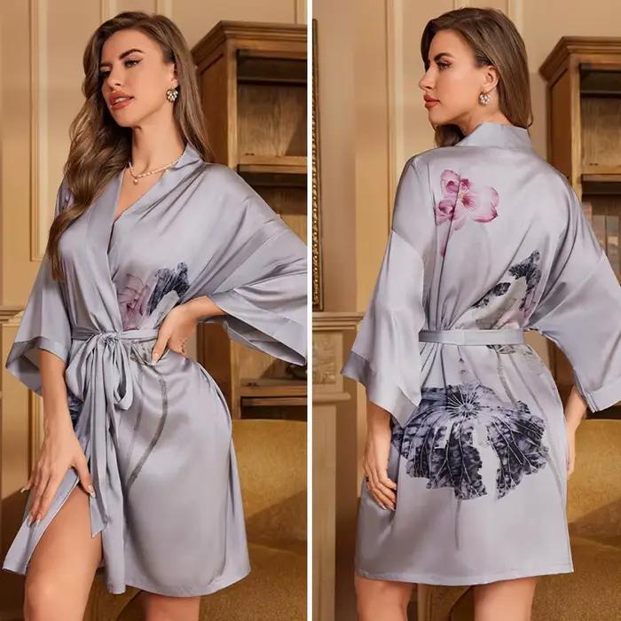 Robe de Nuit en Satin Bleu Marine à Imprimé Floral pour Femme, Kimono, Peignoir, Vêtement de Maison, Printemps et Été