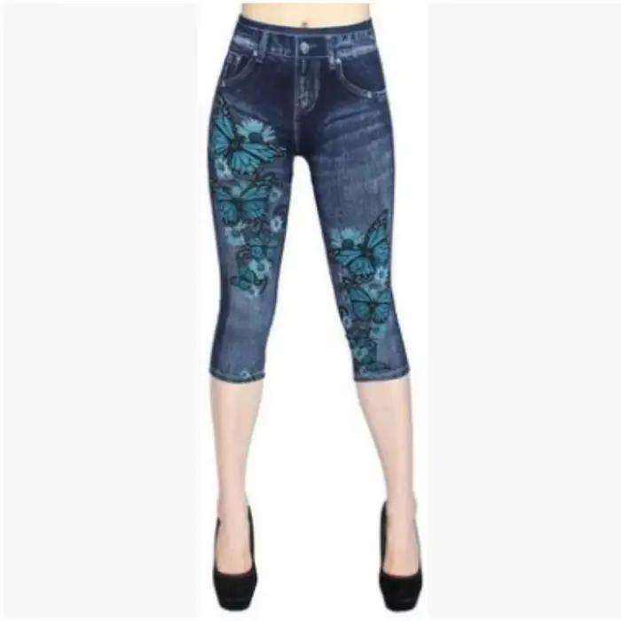Dámske tlačené imitácia džínsy Legíny štíhle elastické capri outdoorové joggingové nohavice na chôdzu móda vysoký pás
