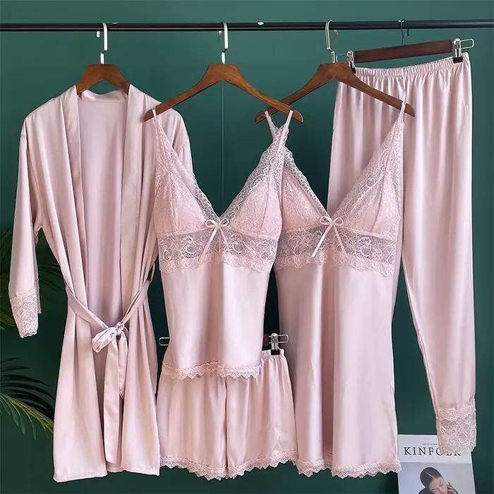 Ensemble de vêtements de nuit en satin blanc, robe de mariée, chemise de nuit sexy, kimono en dentelle, peignoir, vêtements de nuit, robe de maison, vêtements de salon, 5 pièces