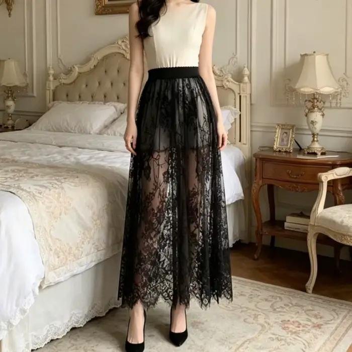 Čipka Jacquard priehľadná sukňa pre ženy leto nová vysoký pás Sexy dlhé sukne ležérne Streetwear móda čierna