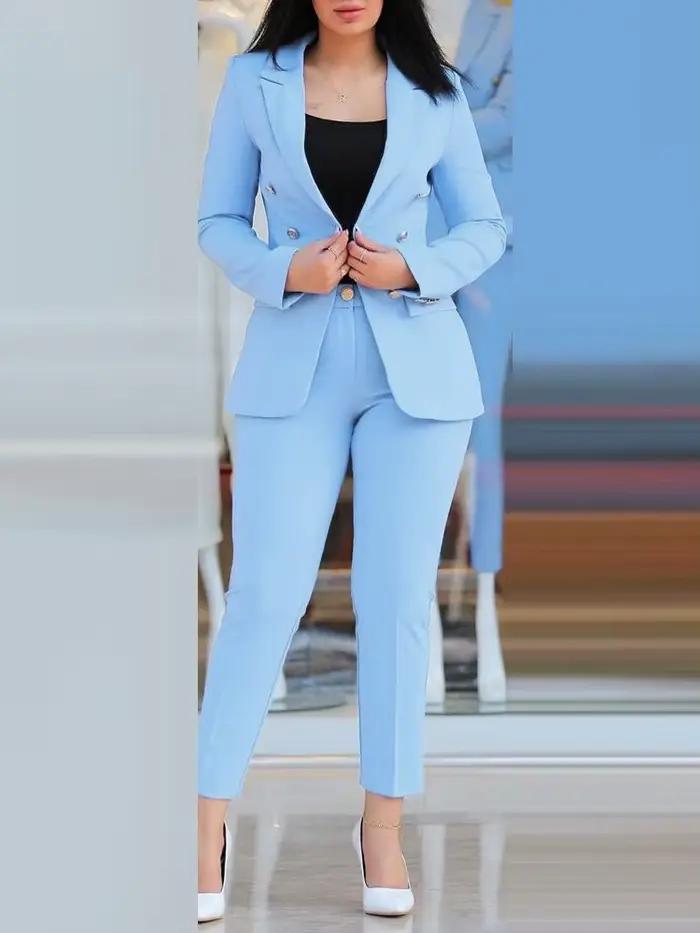 Ensemble deux pièces pour femme, veste boutonnée et pantalon longueur cheville, style formel et élégant pour toutes les saisons