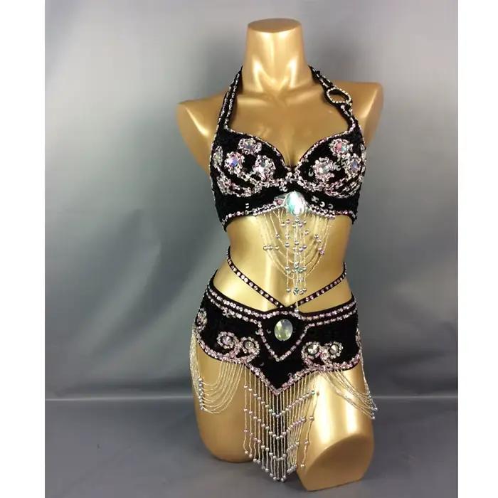 Vente chaude femmes perles paillettes danse du ventre Suite ceinture + soutien-gorge Samba Costumes Club USA soutien-gorge taille 34B,36B,38B,40B,34D,36D,38D,40D