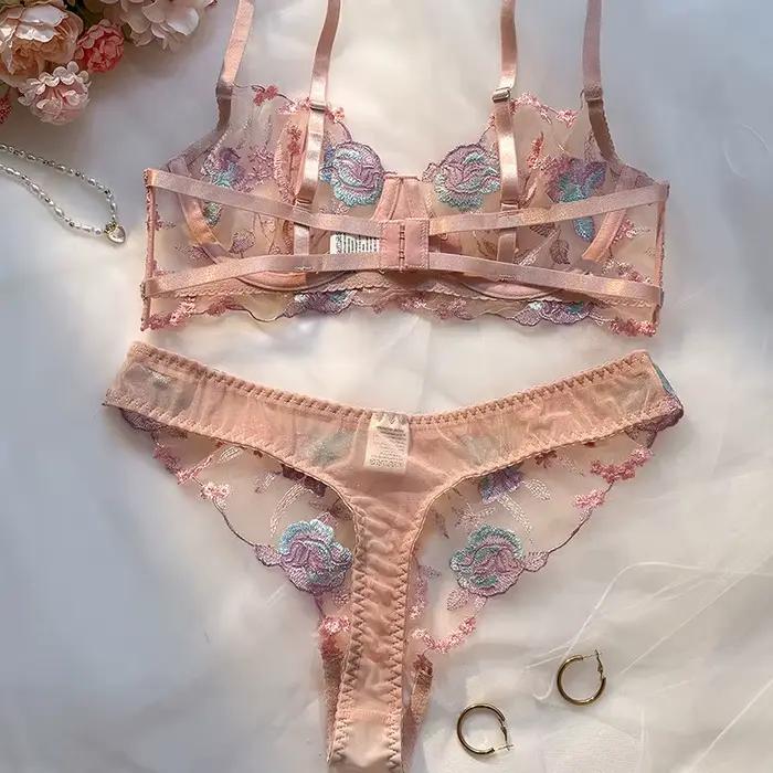 Ensemble soutien-gorge et culotte brodés pour femme, couleur pastel, avec armatures, bonnet supérieur fin, sans couture, pour usage quotidien