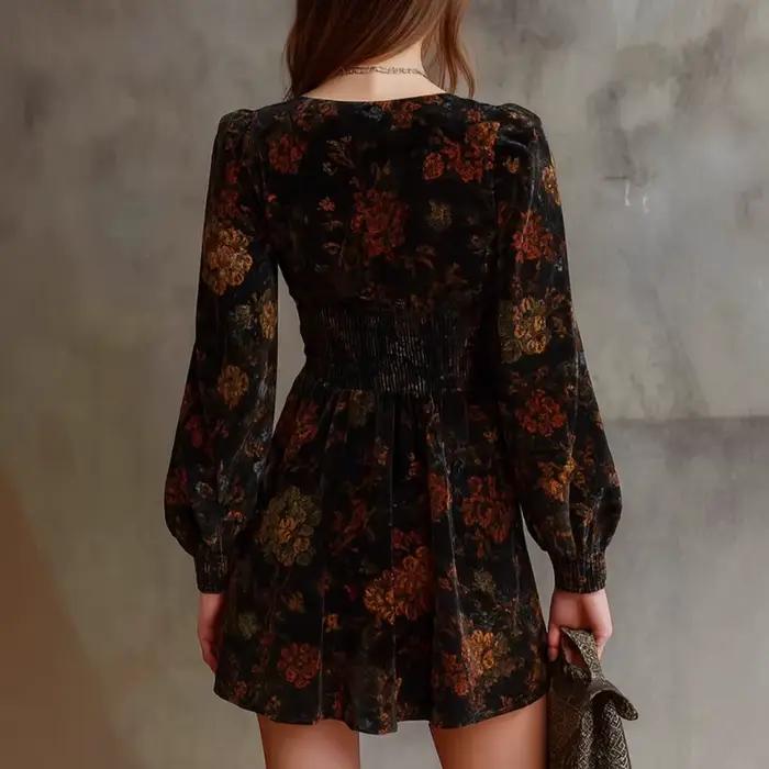 Robe Vintage élégante en velours imprimé Floral, col en v, taille Sexy, manches longues, ligne a, lanterne noire, robe de nuit Chic