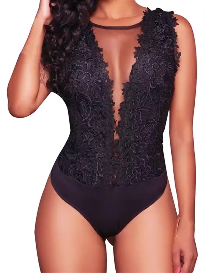 Combinaison en dentelle florale vintage pour femme, haut de corps sexy, col en fibre de V, batterie, club de fête, été