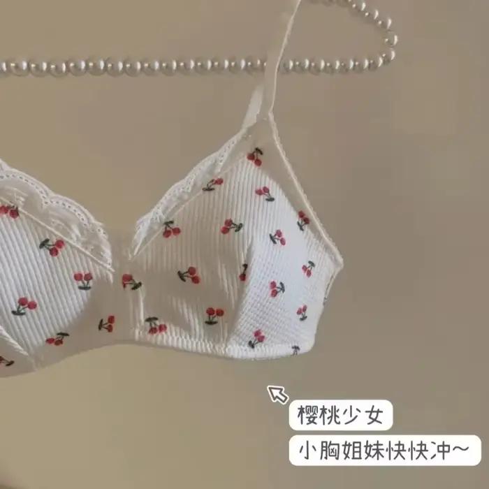 Soutien-gorge pour fille coréen simple en dentelle à imprimé cerise, sans couture, mignon, froncé, fin, respirant, sans armatures, élastique, confortable, lingerie