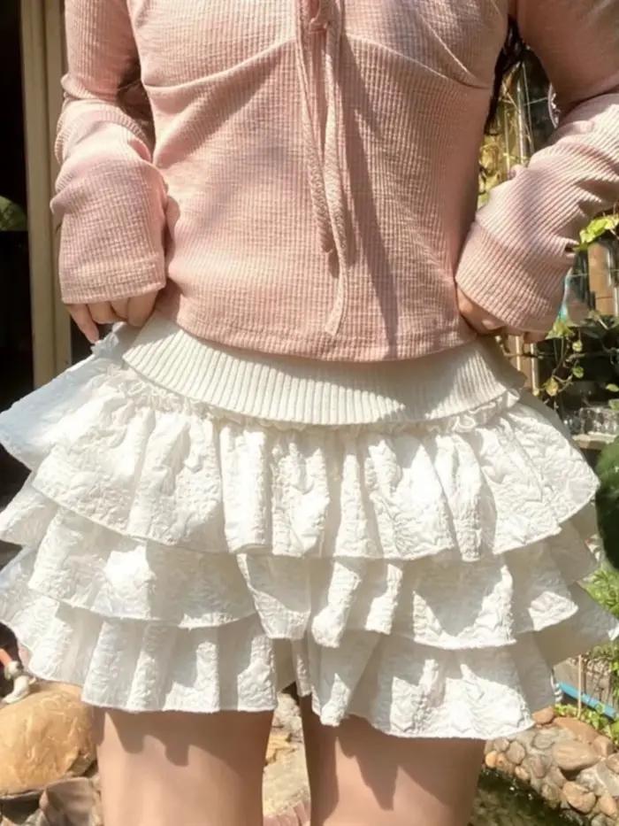Kawaii plesová sukňa krátka skladaná volánová vrstvená vysoký pás pevná mini koláčová