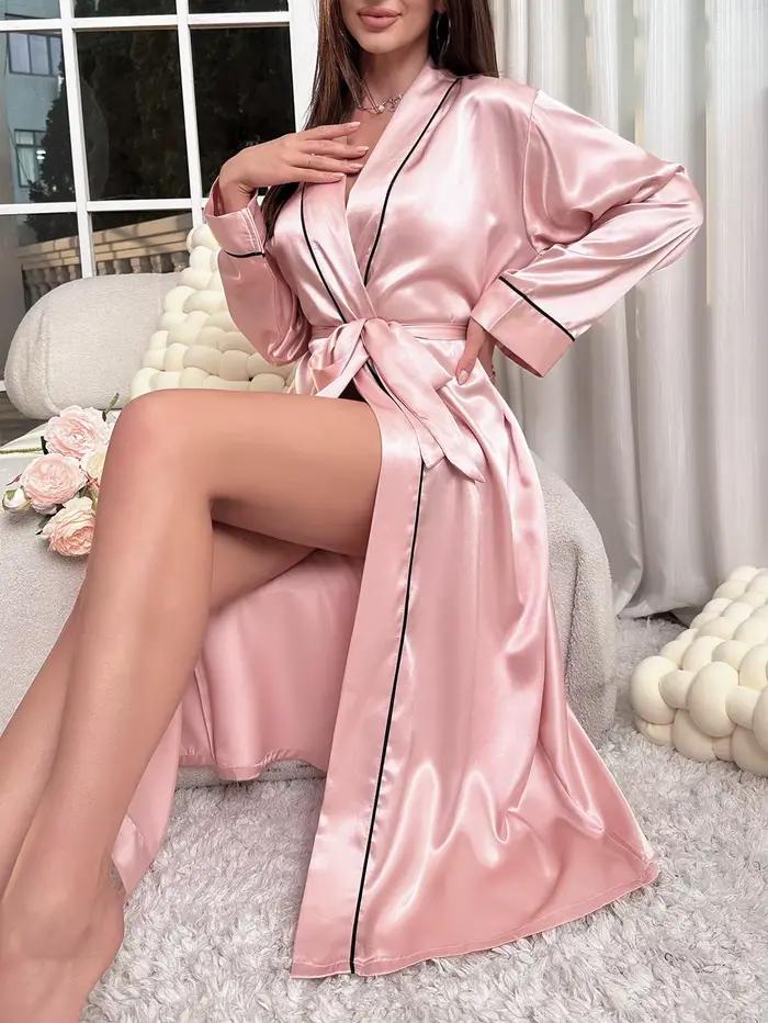 Robe de nuit en Satin Simple, manches longues, col en V, avec ceinture, vêtements de nuit pour femmes