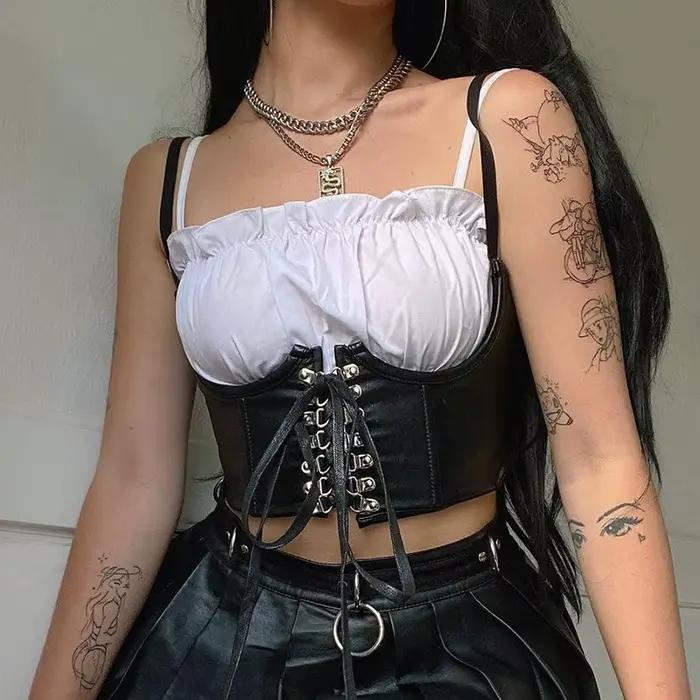 Femmes Corset Bustier haut court à lacets pansement noir gothique en cuir sous le buste jarretelle Cami gilet taille BodyshaperTank Cummerbund