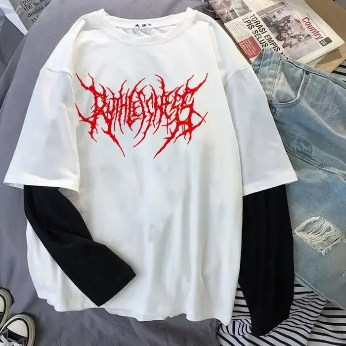 Punk štýl tmavý potlačený okrúhly výstrih Y2K športové Harajuku tričko pre ženy dlhý rukáv voľné