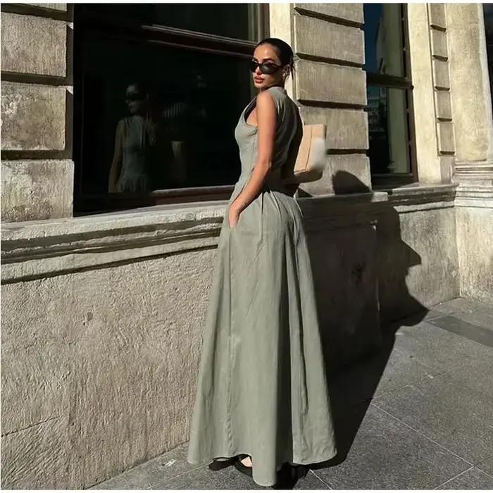 MUJER 2025 Drapované dlhé šaty pre ženy so zipsom bez rukávov Maxi