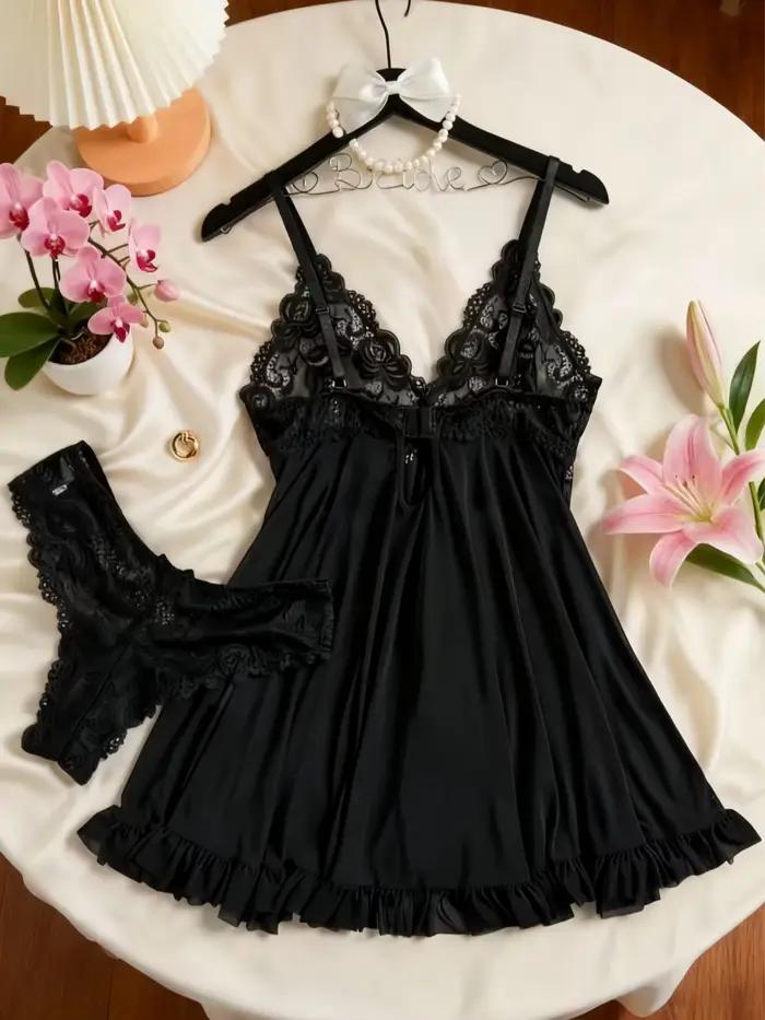 Chemise de nuit sexy en dentelle à col en V pour femme, lingerie, vêtements de nuit, robe de nuit, sous-vêtements confortables