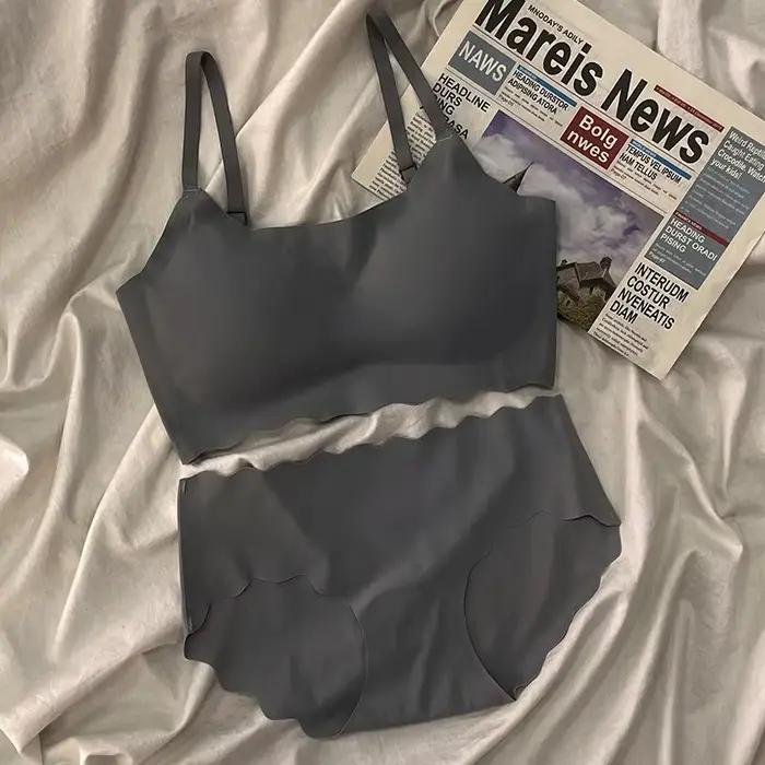 Ensemble soutien-gorge et culotte sans couture à bord festonné pour femmes, ensemble de lingerie confortable sans fil gris noir blanc respectueux de la peau
