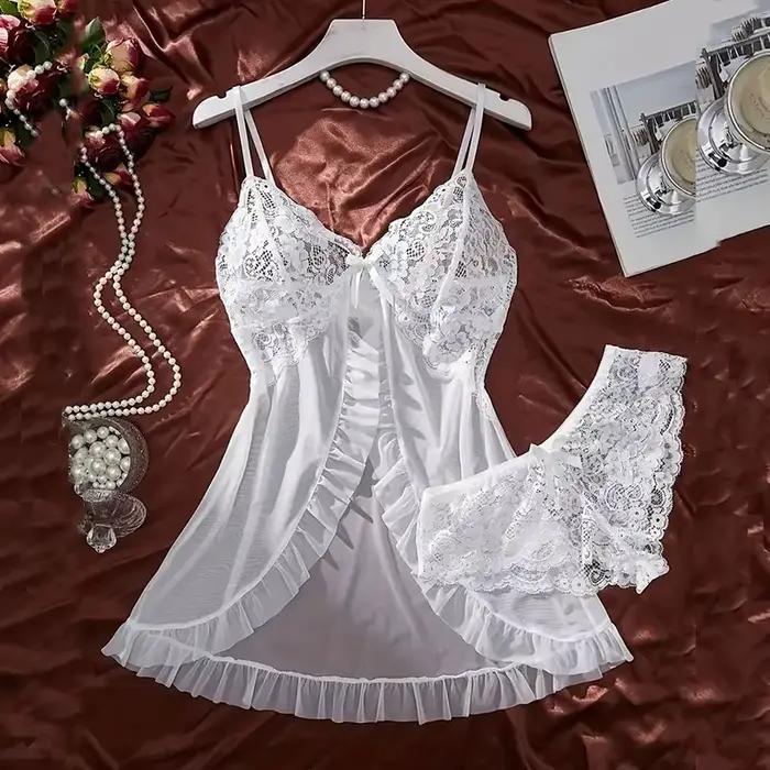Été doux pure nuisette pyjamas chemises de nuit vert foncé licou robe femmes vêtements de nuit Sexy chemise de nuit string ensembles