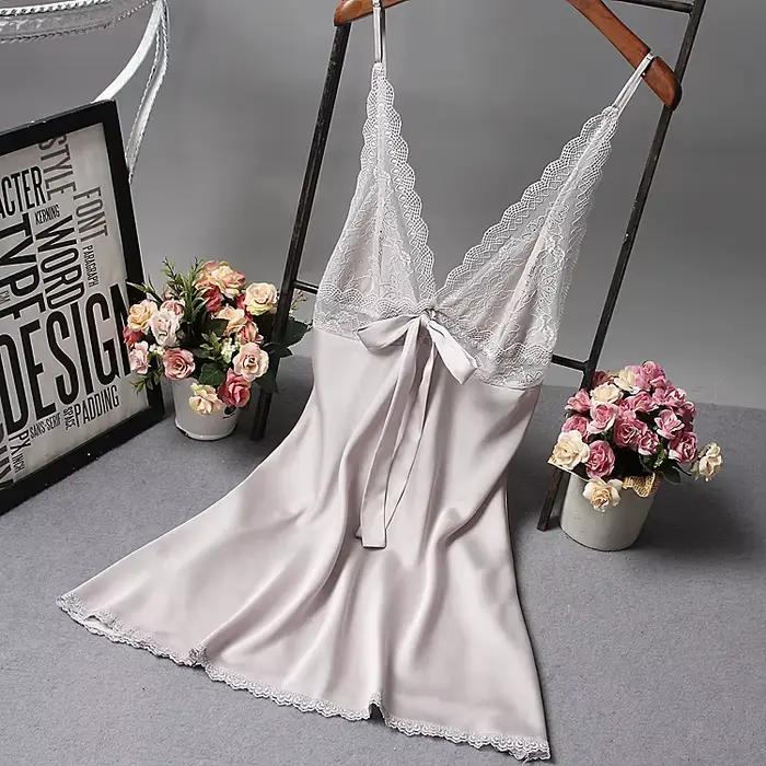 Femmes Sexy soie Satin robe de nuit sans manches chemise de nuit dentelle robe de nuit col en v nuisettes chemise de nuit mode vêtements de nuit vêtements de nuit