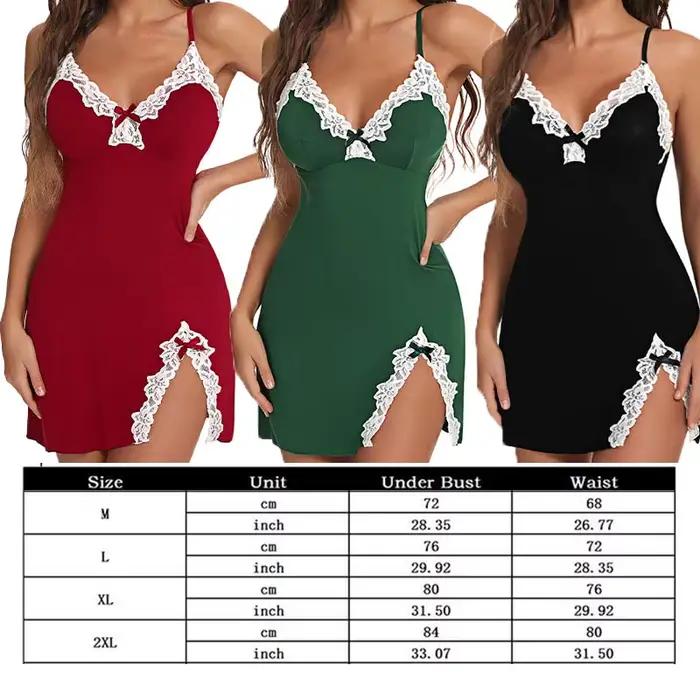 Chemise de nuit sexy en dentelle pour femmes, vêtements de nuit en satin, col en V, ourlet fendu, lingerie douce, robe de nuit en fibre, vêtements féminins