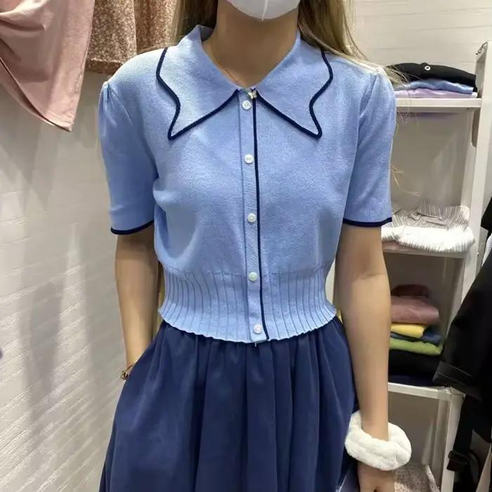 T-shirt court junior DAIZHIYUE avec patchwork pour femmes style streetwear été 2024 tricoté polyester viscose ajustement slim manche bouffante