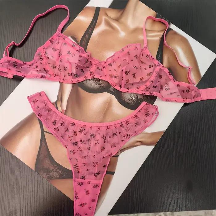 Ensemble de Lingerie à imprimé Floral pour femmes, soutien-gorge Sexy en dentelle, français, Ultra fin, respirant, intimes, sous-vêtements doux