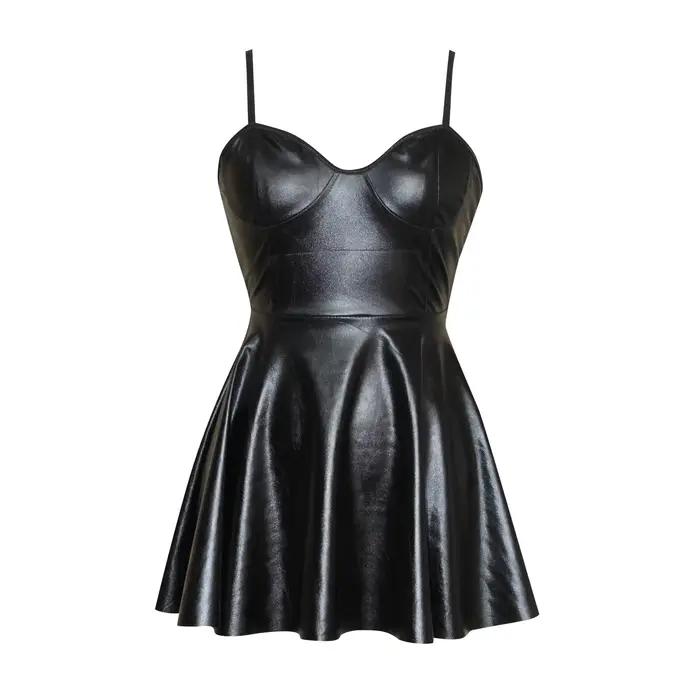 Grande taille femmes Lingerie Sexy Wetlook robe en cuir bretelles brillant Latex robe érotique Push Up soutien-gorge sac hanche jupe nuisettes Clubwear