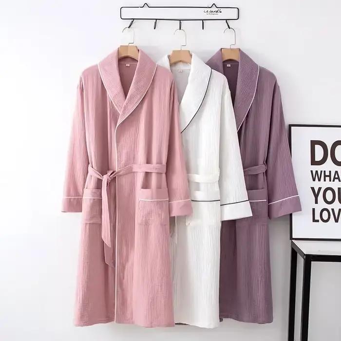 Chemise de nuit en coton pour couple, cardigan à manches longues, au-dessus du genou, peignoir pour hommes et femmes avec ceinture, chemise de nuit pour la maison, hôtel, grande taille