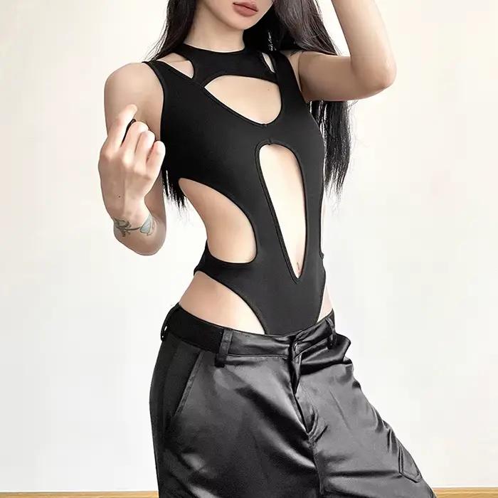 Body gothique ajouré pour femmes, Sexy, Techwear, mode Y2k, Patchwork, hauts Grunge, dos nu, coupe haute, Slim