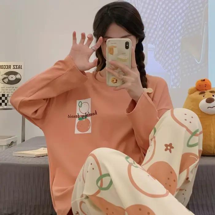 Pyjama coréen pour étudiants, 2 pièces, femme, Cinnamoroll, printemps et automne, doux et mignon, col rond, manches longues, ensemble de vêtements d'anime pour la maison