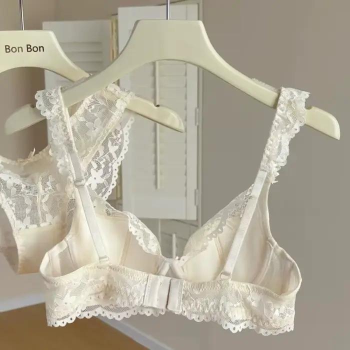 Ensemble de soutien-gorge en dentelle française pour filles, Anti-affaissement, anneau en acier doux, froncé, petite poitrine, Illusion de coton, bonnet 3/4, sangle fixe