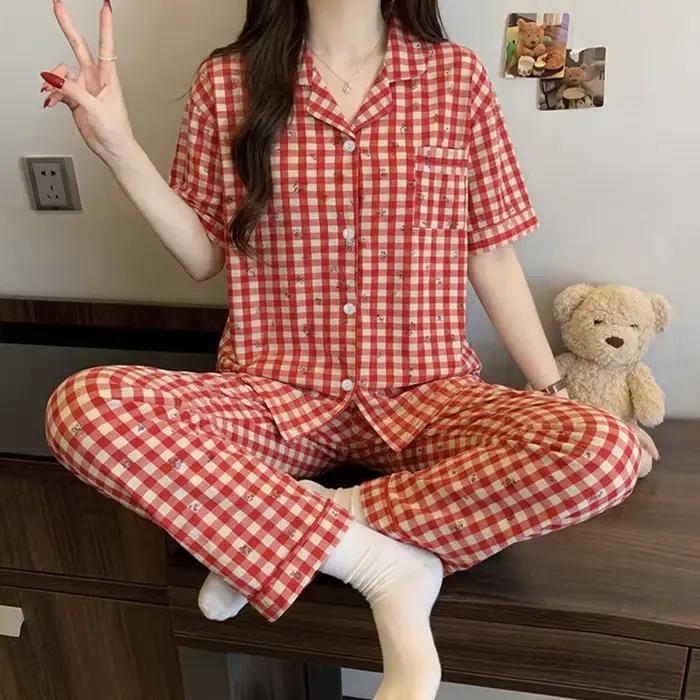Pyjama d'été vintage à carreaux rouges à manches courtes pour filles ; Ensemble de vêtements de détente d'été à manches courtes et pantalon long en jacquard, sensation de luxe