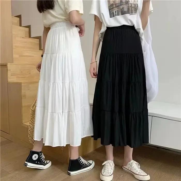 Jarné letné dámske sukne Vintage vysoký pás elastický Patchwork biela čierna Štýlová dlhá tortová áčková sukňa