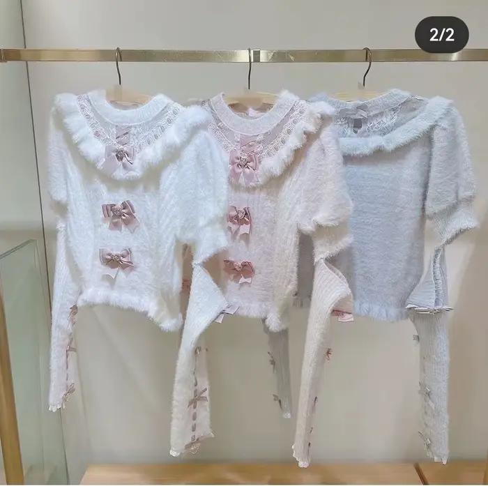 Japonský štýl roztomilý mäkký odnímateľný motýlik kožušina dlhé rukávy tenký sveter jeseň a zima Lolita dievča