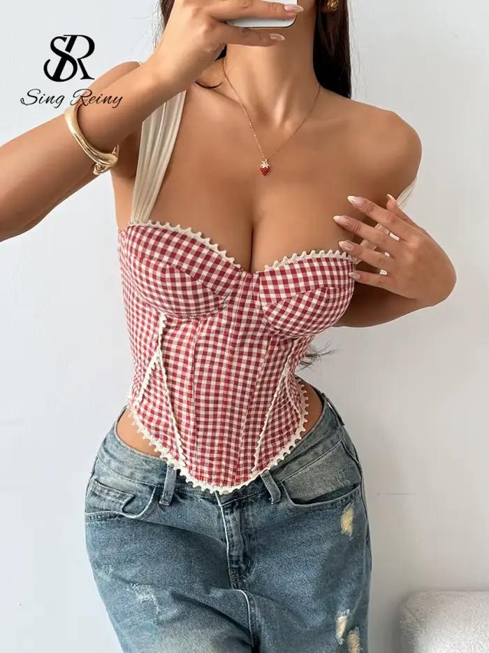 SINGREINY Gingham Plaid Vintage Lingerie Camisole Summer Sleeveless Lace Up Slim Crop Top Bohemian Vacation Print Corset Top