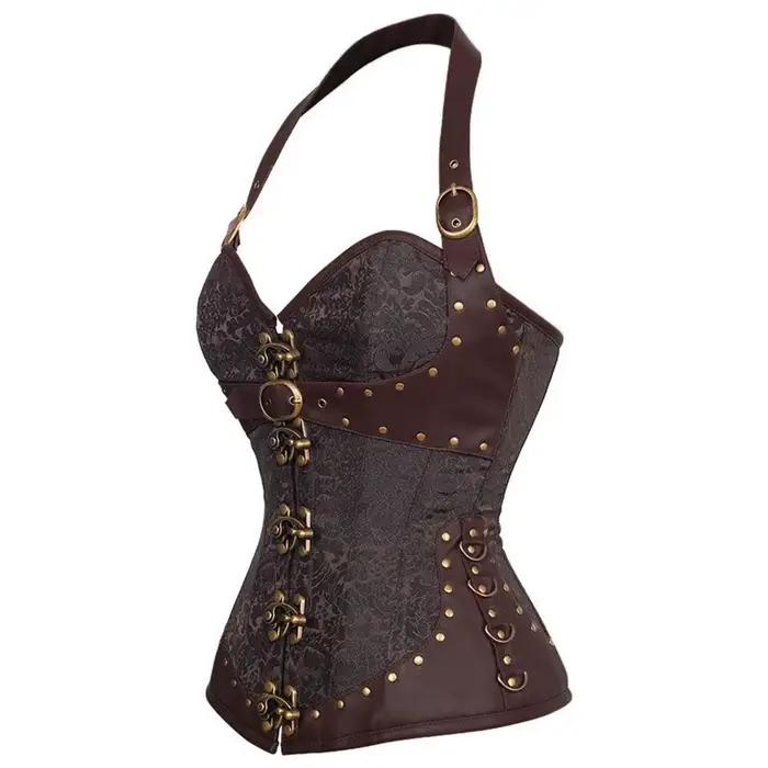 2 couleurs PU gothique licou Corselet Rivet dos pansement Corsage femmes Sexy Shaper Faux cuir érotique dentelle ferme Corsets Bustier