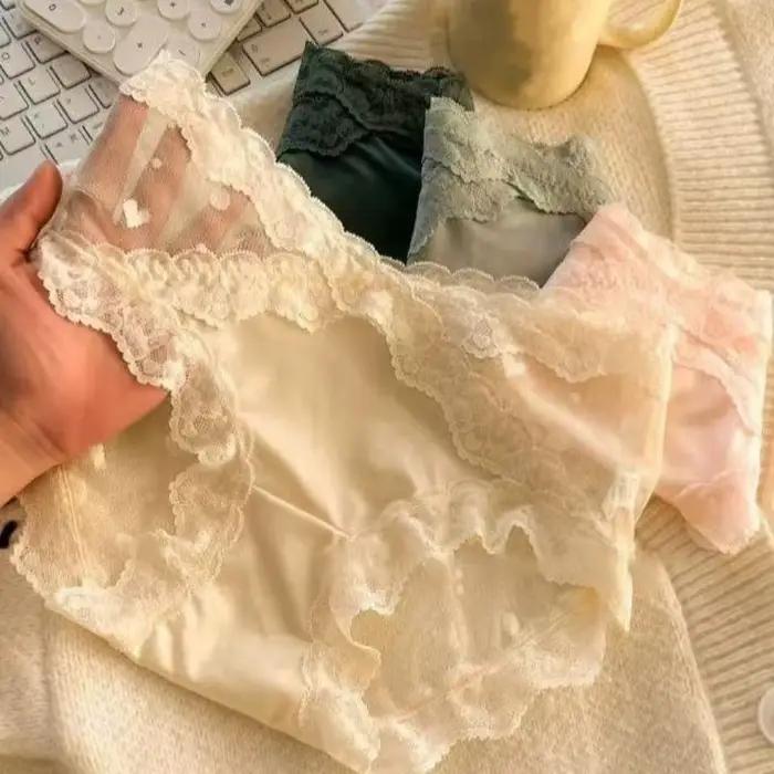 Culottes en satin de soie à fleurs en dentelle, transparentes, motif cœur, style français, taille basse, pour femmes, cadeaux
