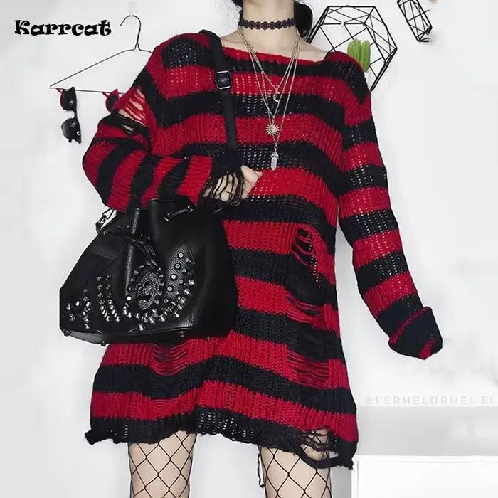 Karrcat Grunge Harajuku pruhovaný pletený sveter pre ženy Y2K Streetwear dierovaný voľný fialový