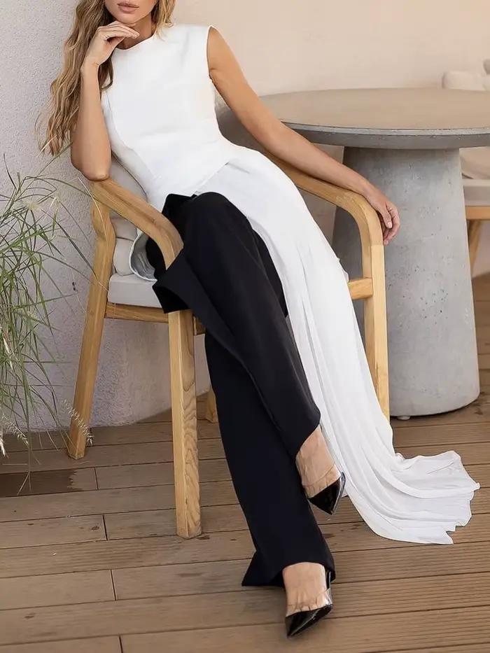 TWOTWINSTYLE pevná tenká spletená riasená nepravidelná blúzka pre ženy s okrúhlym výstrihom bez rukávov s vysokým pásom dlhá B