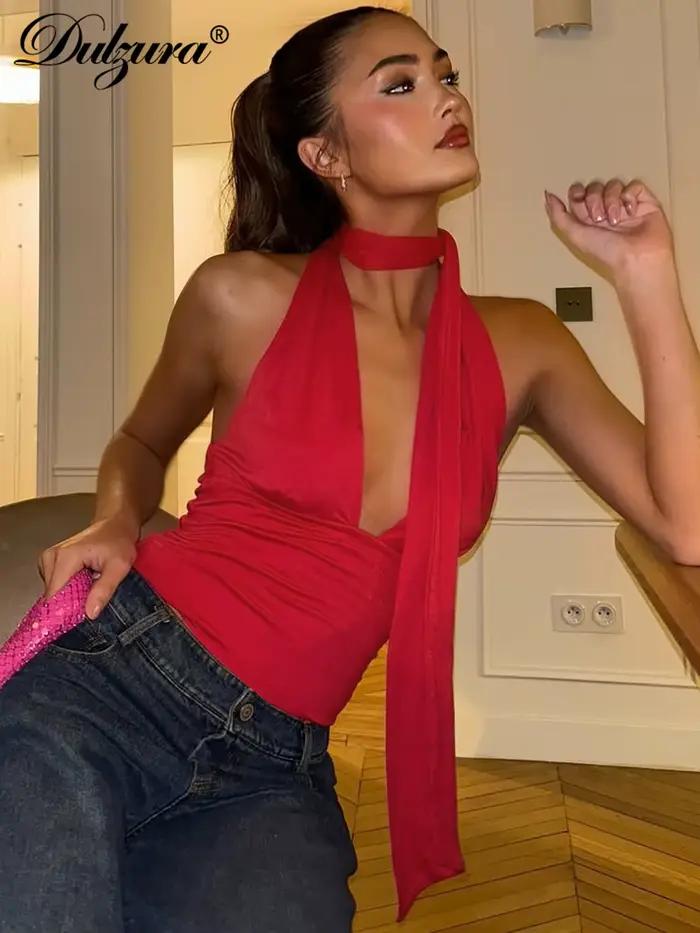 Dulzura výstrih do V bez rukávov lano holý chrbát obtiahnuté telo top pevný Sexy elegantný Y2K top párty Clubwear ulica leto tielko