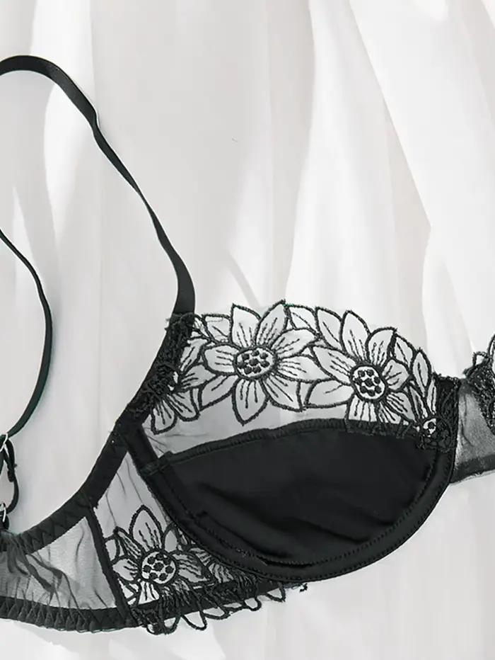 Ensemble de soutien-gorge sexy 2 pièces avec broderie florale - Ensemble de lingerie semi-transparente à armatures brodées de tournesol, idéal pour les dates, offre spéciale