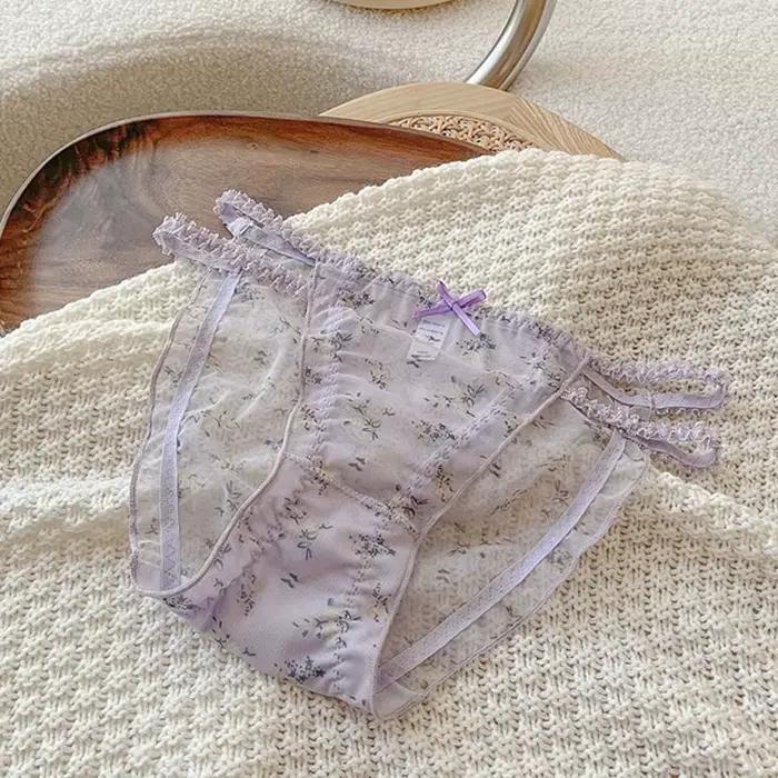 Culotte femme taille basse dentelle culotte à bretelles ceinture croisée Hipsters maille transparente motif Floral avec nœud papillon doux