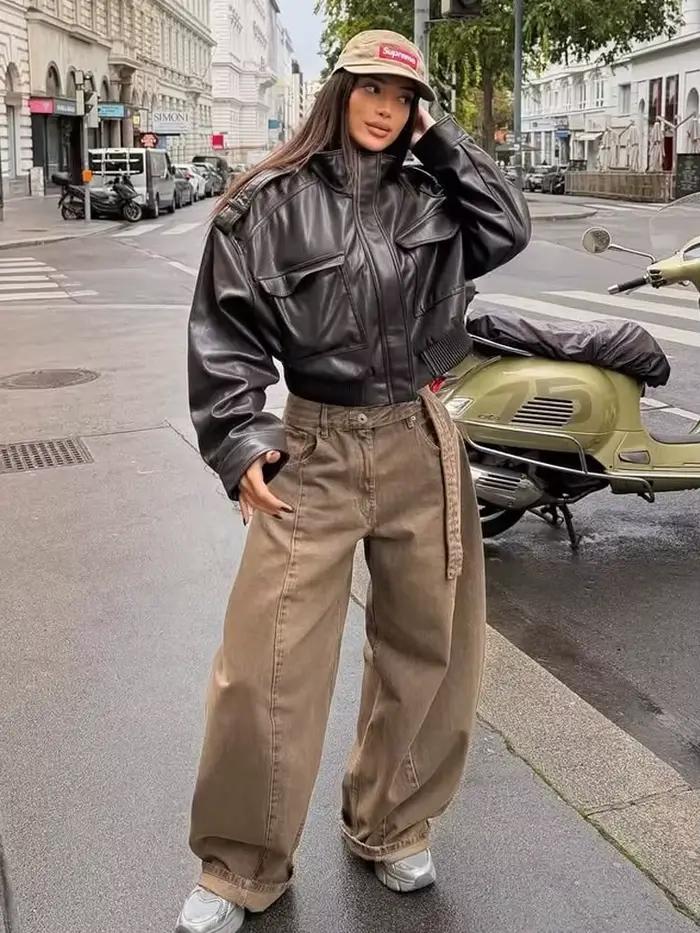 HH módna jar ženy Umelá koža skrátená bunda 2026 Vintage sťahovací golier zips dlhé rukávy Bomber kabát