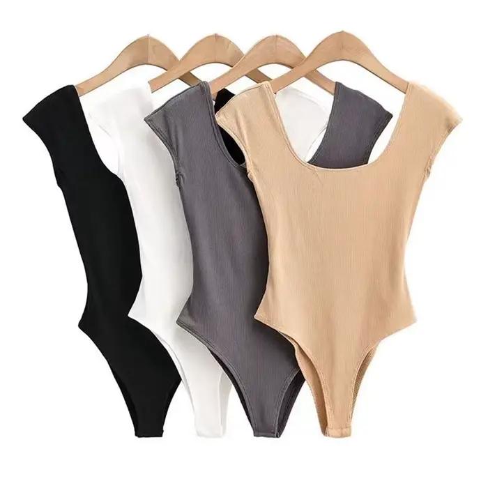 Body d'été nouveau décontracté basique chaud doux Sexy moulante col en U solide coupe ajustée à manches courtes hauts femmes serré dos nu combinaison
