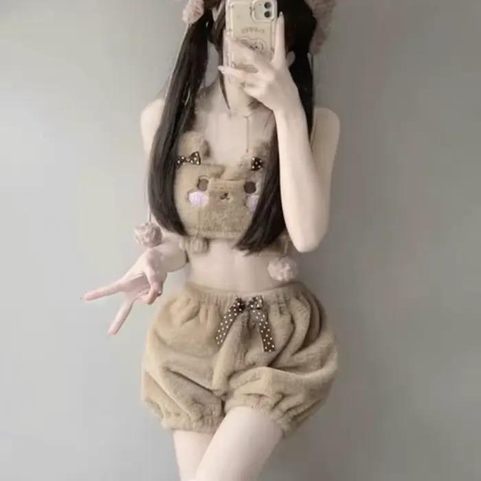 Fille japonaise Kawaii Lolita moelleux Push Up soutiens-gorge slips femmes mignon fourrure dessin animé soutien-gorge nœud ABDL Bloomers Sissy Lingerie intime